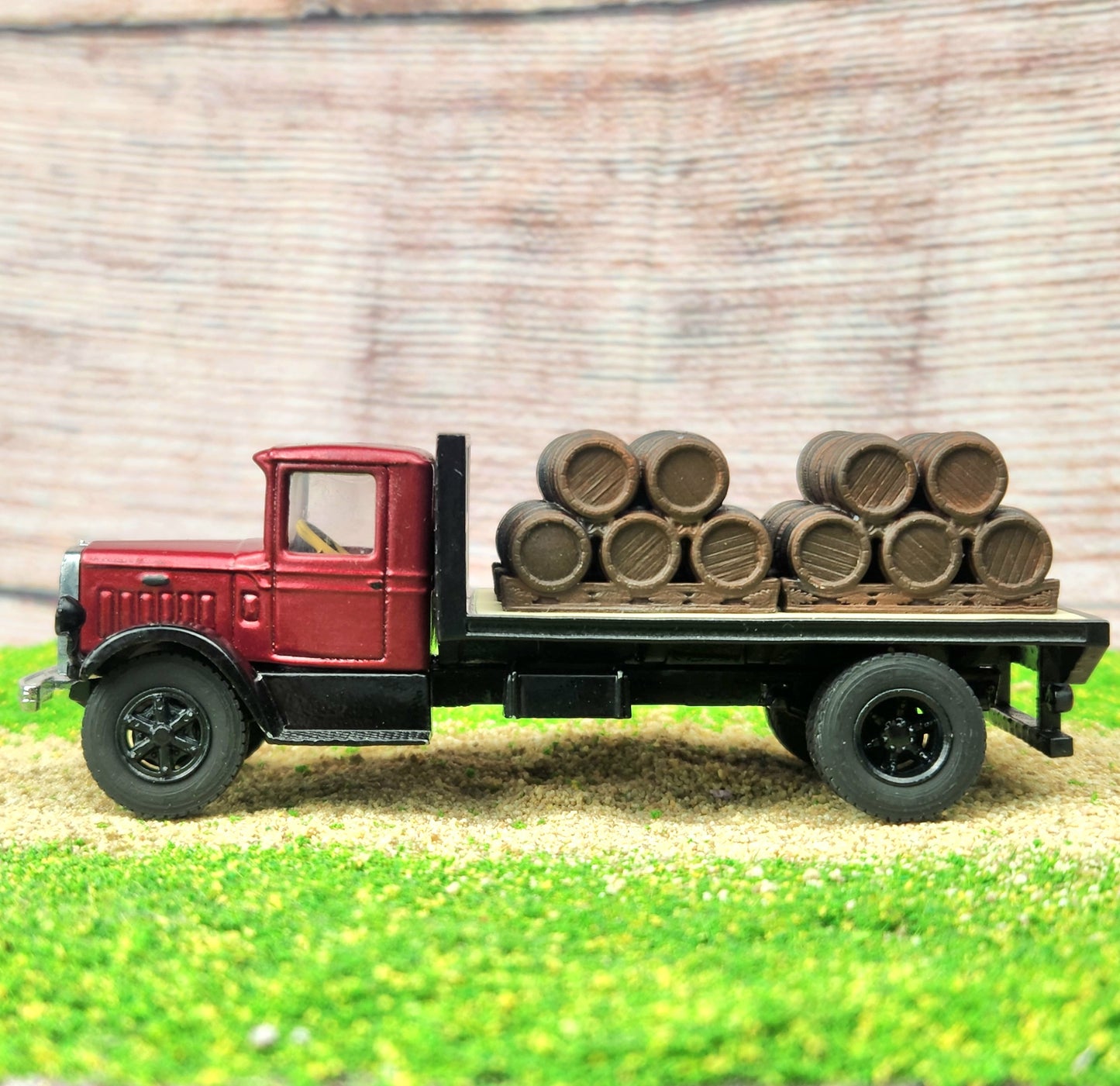 Fully Custom AHL 1:64 Mack Model BM Flatbed Truck with Removable Wooden Barrel Load