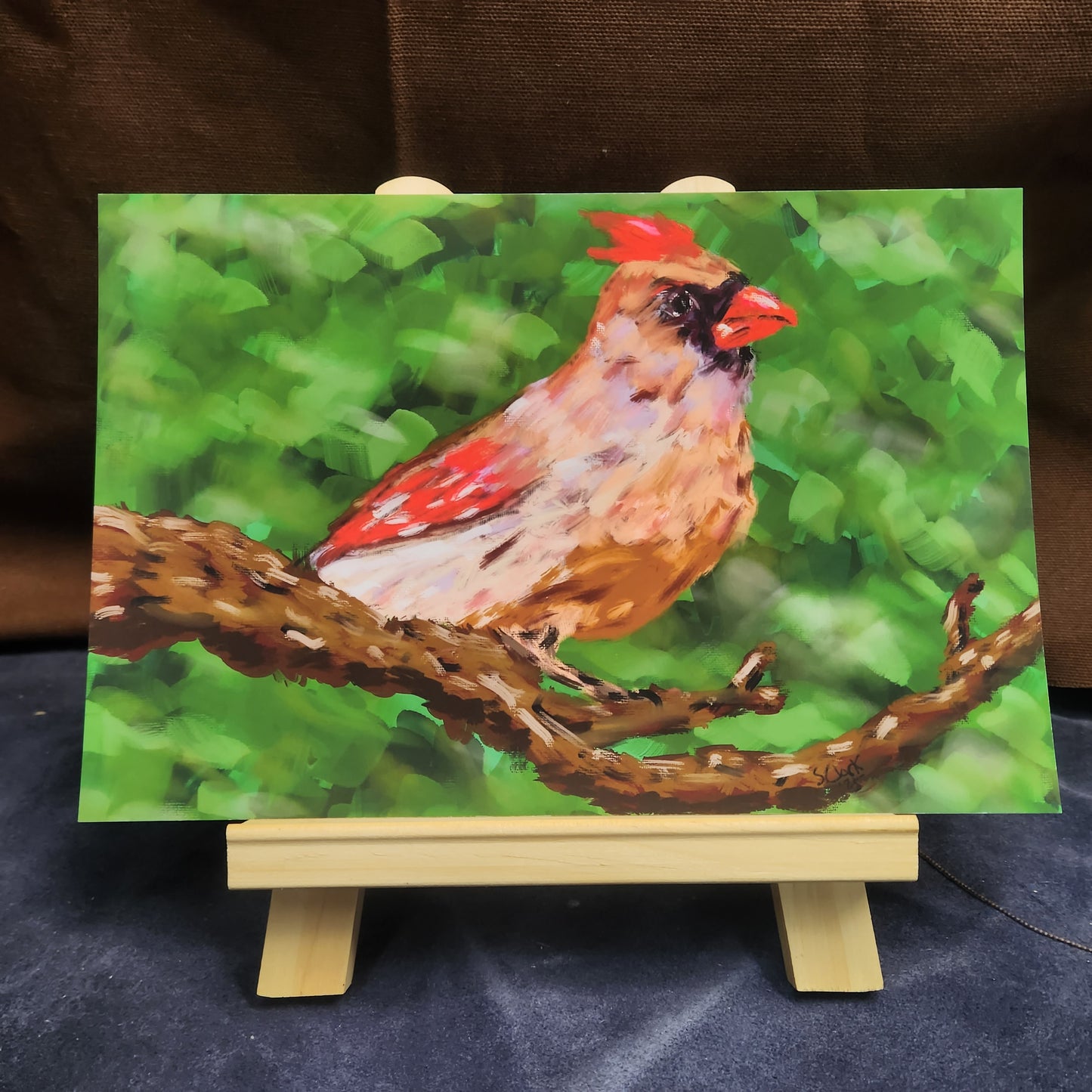 Female Northern Cardinal Oil Painting Abstract Impressionist Style Giclee Fine Art Print 6"x9"