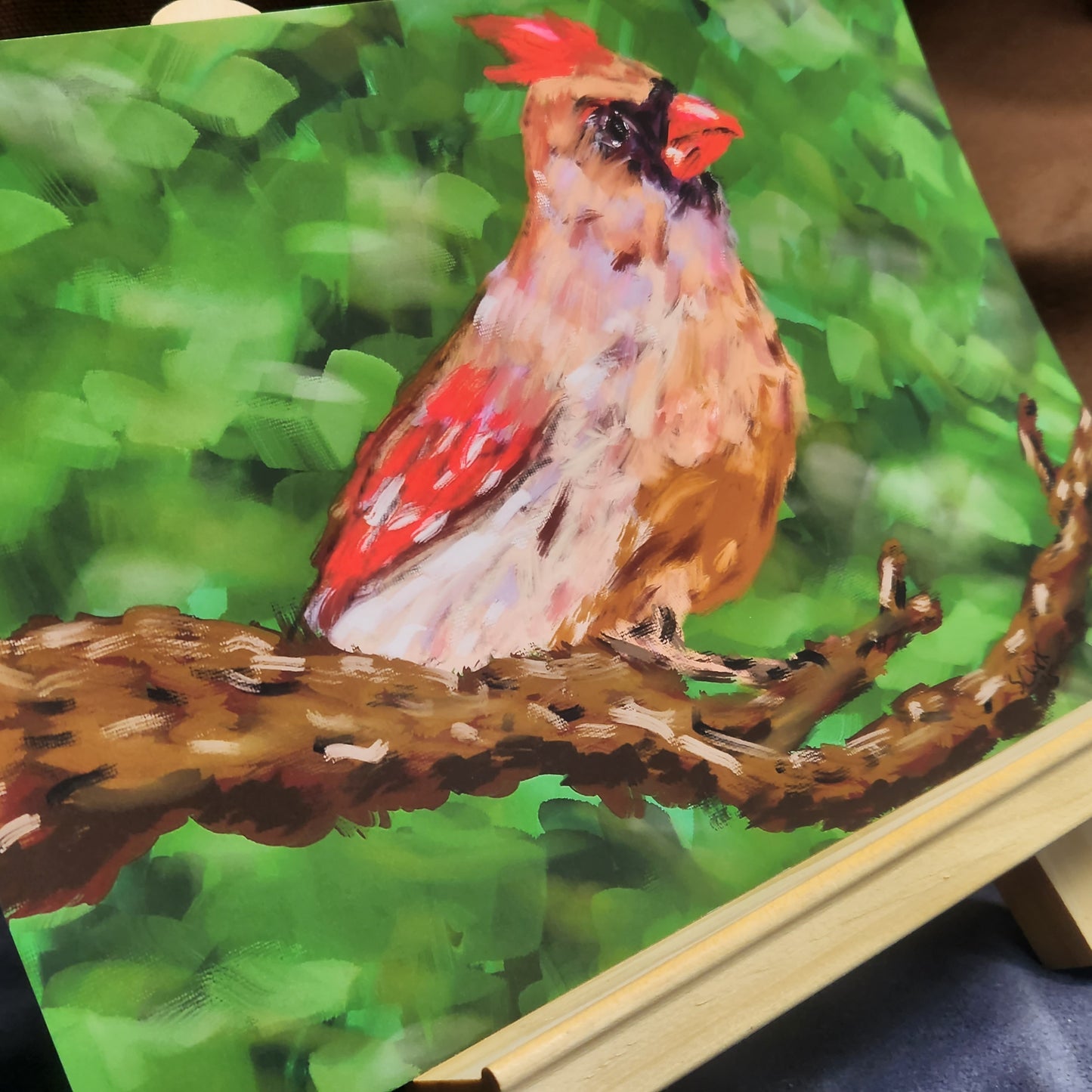 Female Northern Cardinal Oil Painting Abstract Impressionist Style Giclee Fine Art Print 6"x9"