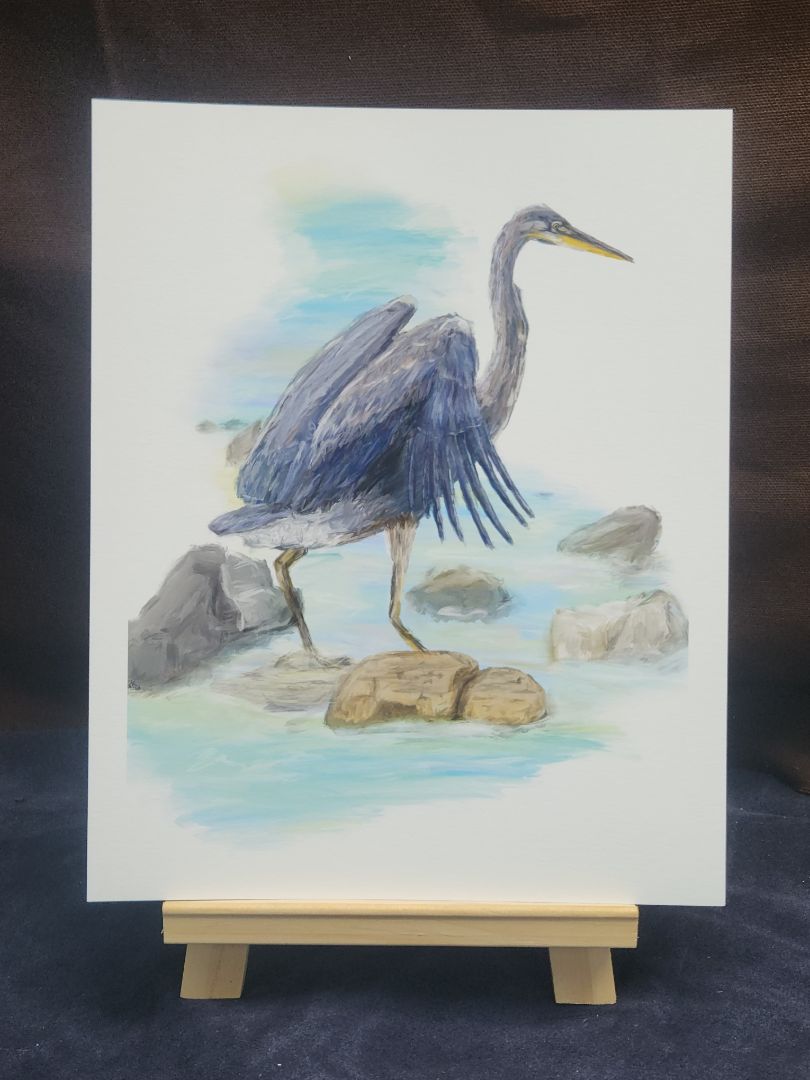 Great Blue Heron Bird Oil Painting Style Giclee Fine Art Print 8"x10" Nature Birding Decor