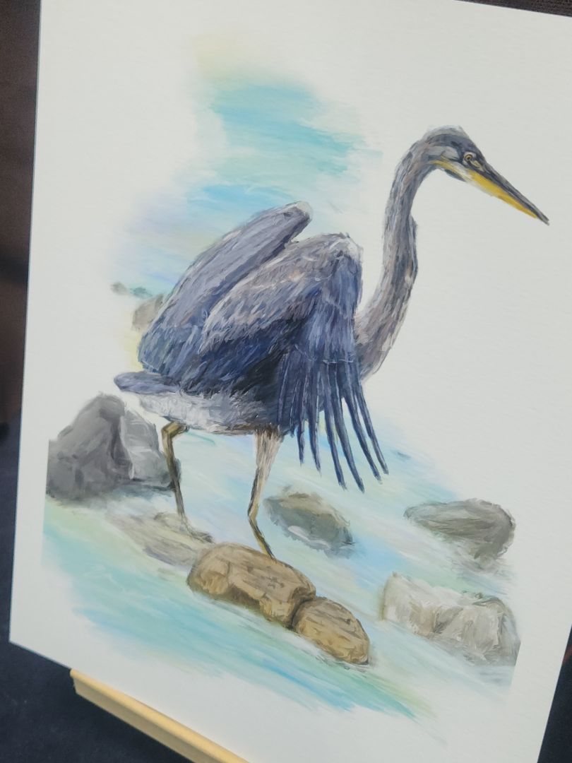 Great Blue Heron Bird Oil Painting Style Giclee Fine Art Print 8"x10" Nature Birding Decor