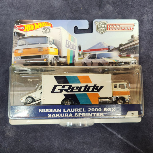 Hot Wheels 2018 Team Transport GReddy Nissan Laurel 2000 SGX Sakura Sprinter Hauler Set