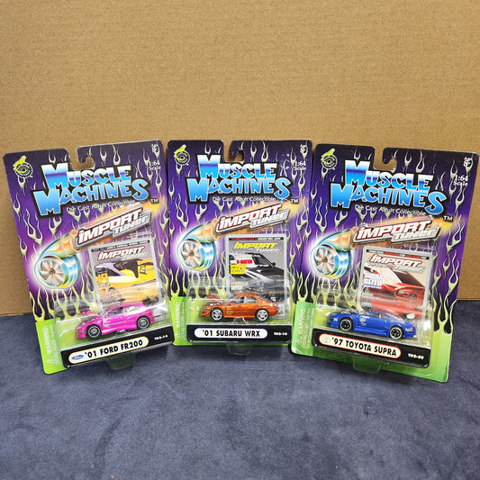 Muscle Machines 1:64 Import Tuners Set of 3 Cars Subaru WRX Toyota Supra Ford FR200